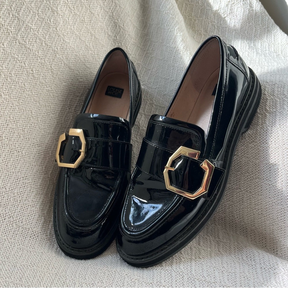 Louise et Cie Black Patent Loafers with Gold Buckle